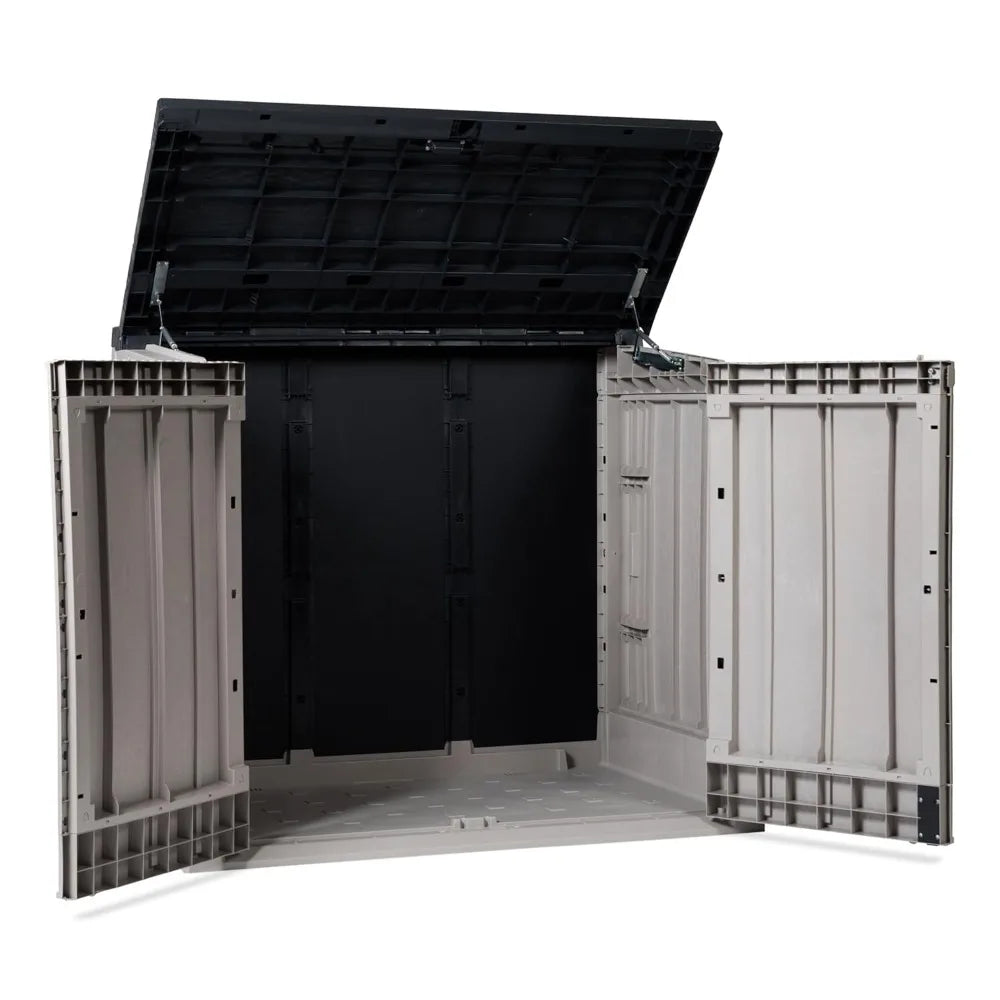 All Weather Outdoor XL Horizontal Storage Shed Cabinet for Trash Can, Garden Tools, and Yard Equipment, Taupe, Custom