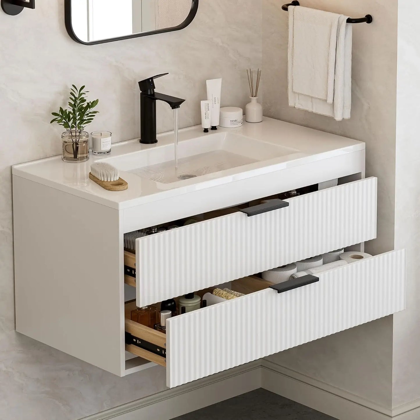 36 Inches Modern MDF Bathroom Vanity with Sink, Wall Mounted Floating Cabinets w/Double Drawers, Black Handles,, Customized