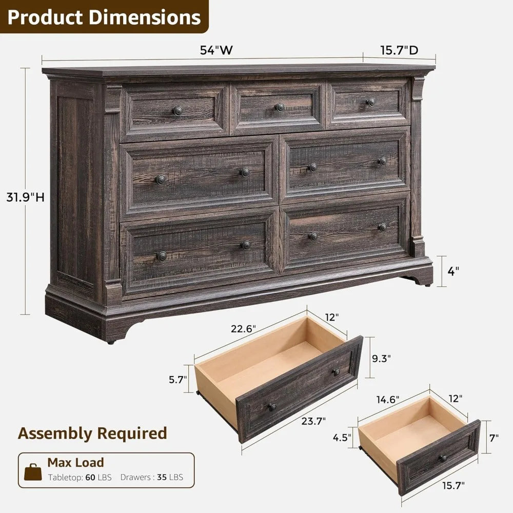 7 Drawer Rustic Wood Dresser 54" Wide Roman Column Storage Bedroom Living Room Closet Custom