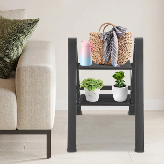 2-Step Foldable Aluminum Alloy Ladder 661lbs Load Capacity, Multi-use as Storage Shelf/Plant Stand for Home/Office, No Assembly