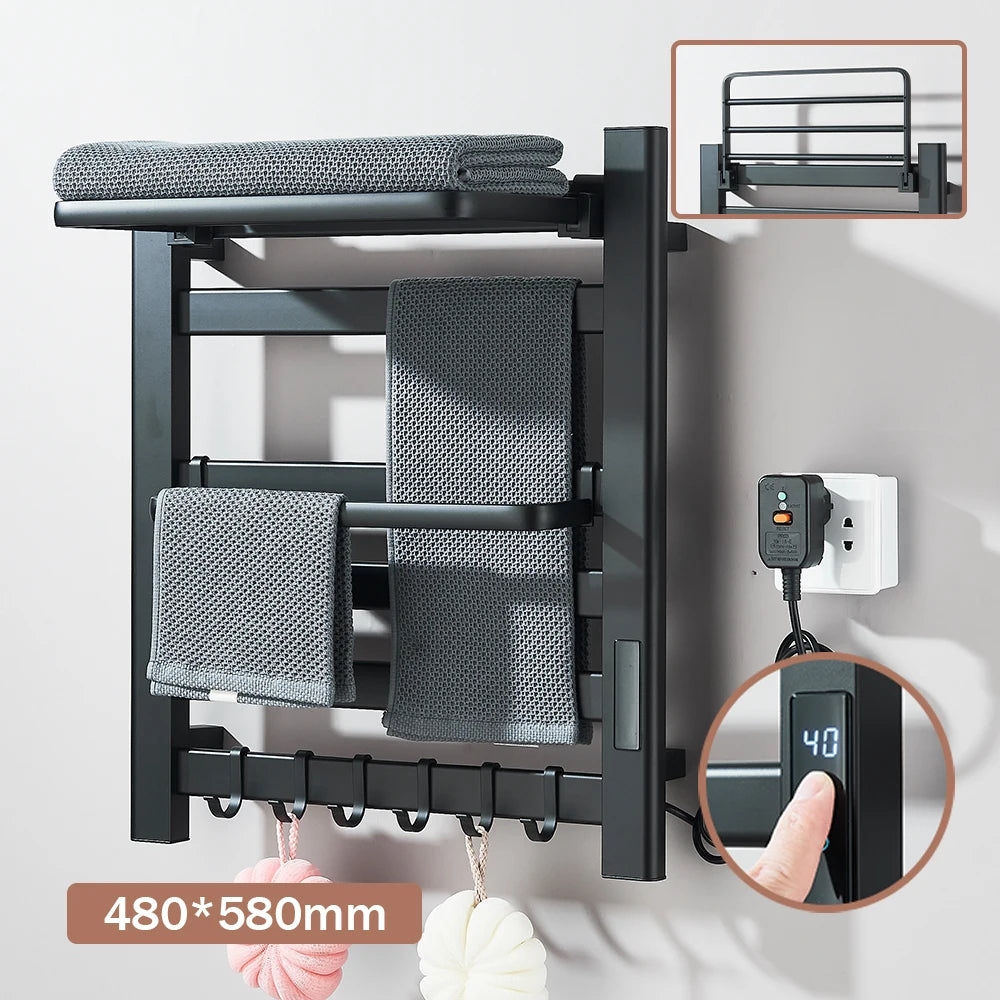 Black Bathroom Electric Heated Towel Rack with Digital Display Touch Thermostatic Dry Towel 304 Stainless Steel Heater