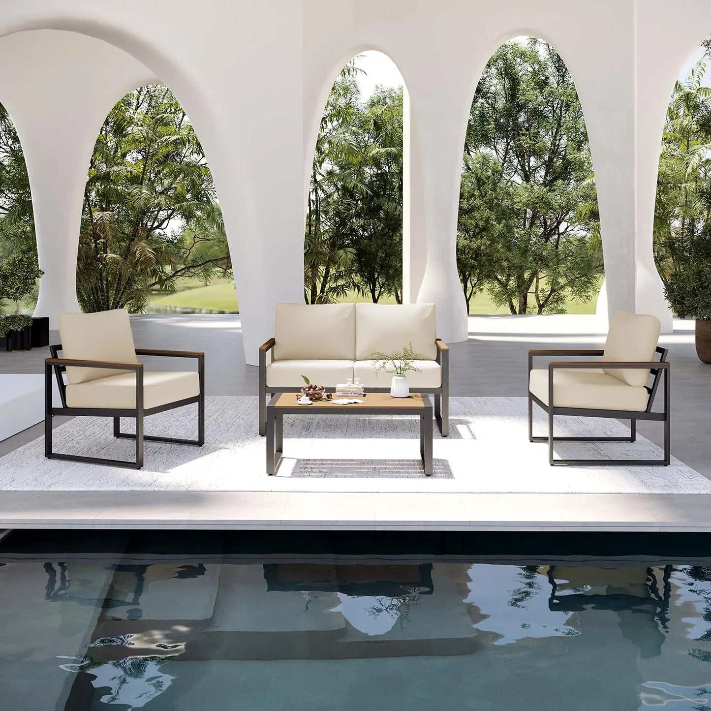 4 Piece Modern Metal Outdoor Patio Furniture Set with Thick Cushions for Conversation, Custom