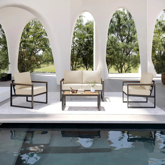 4 Piece Modern Metal Outdoor Patio Furniture Set with Thick Cushions for Conversation, Custom