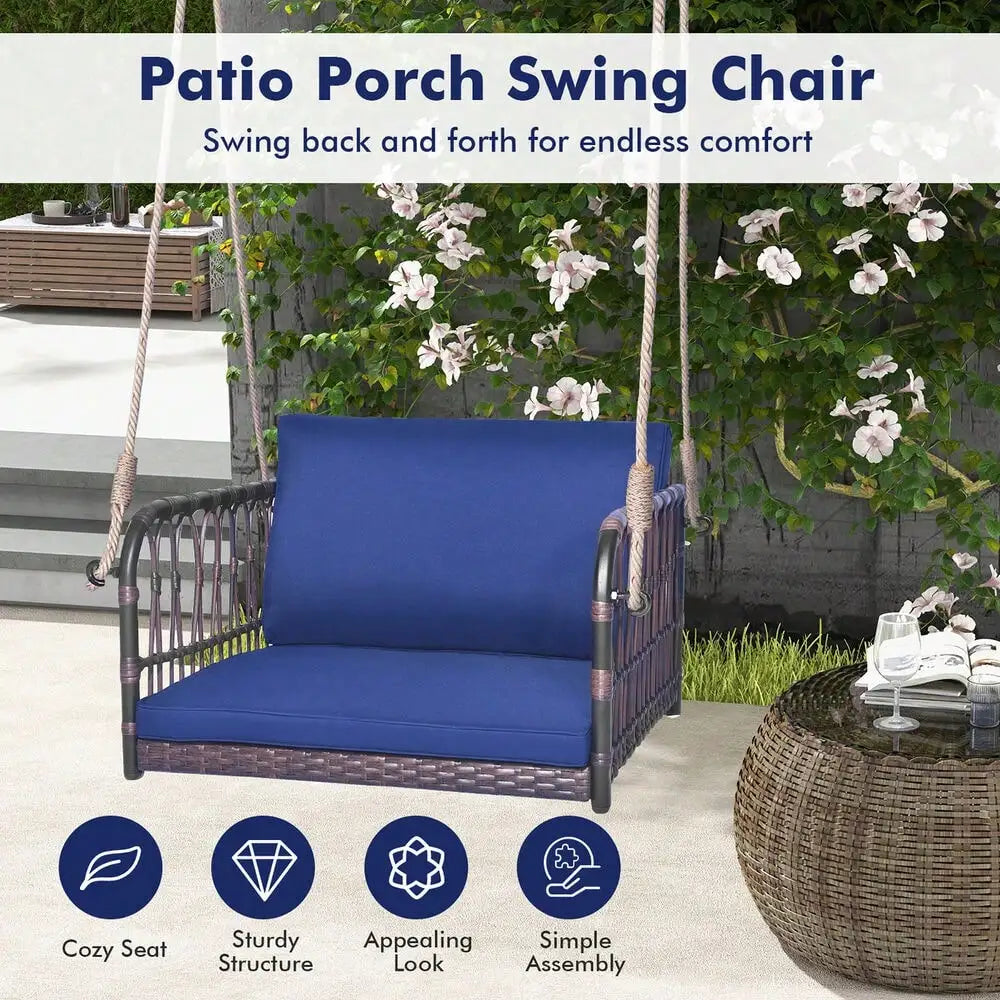 Patio Rattan Porch Swing Single Person Hanging Seat w/Seat & Back Cushions