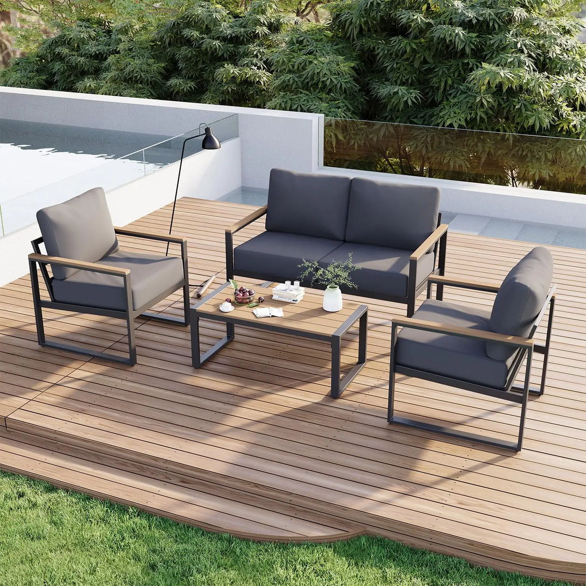 4 Piece Modern Metal Outdoor Patio Furniture Set with Thick Cushions for Conversation, Custom