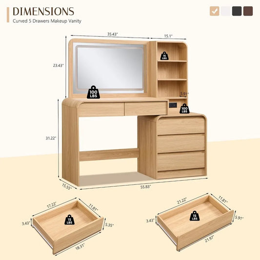 Vanity Desk, Light Mirror & 5 Drawers, Modern Bedroom Makeup Table, Custom