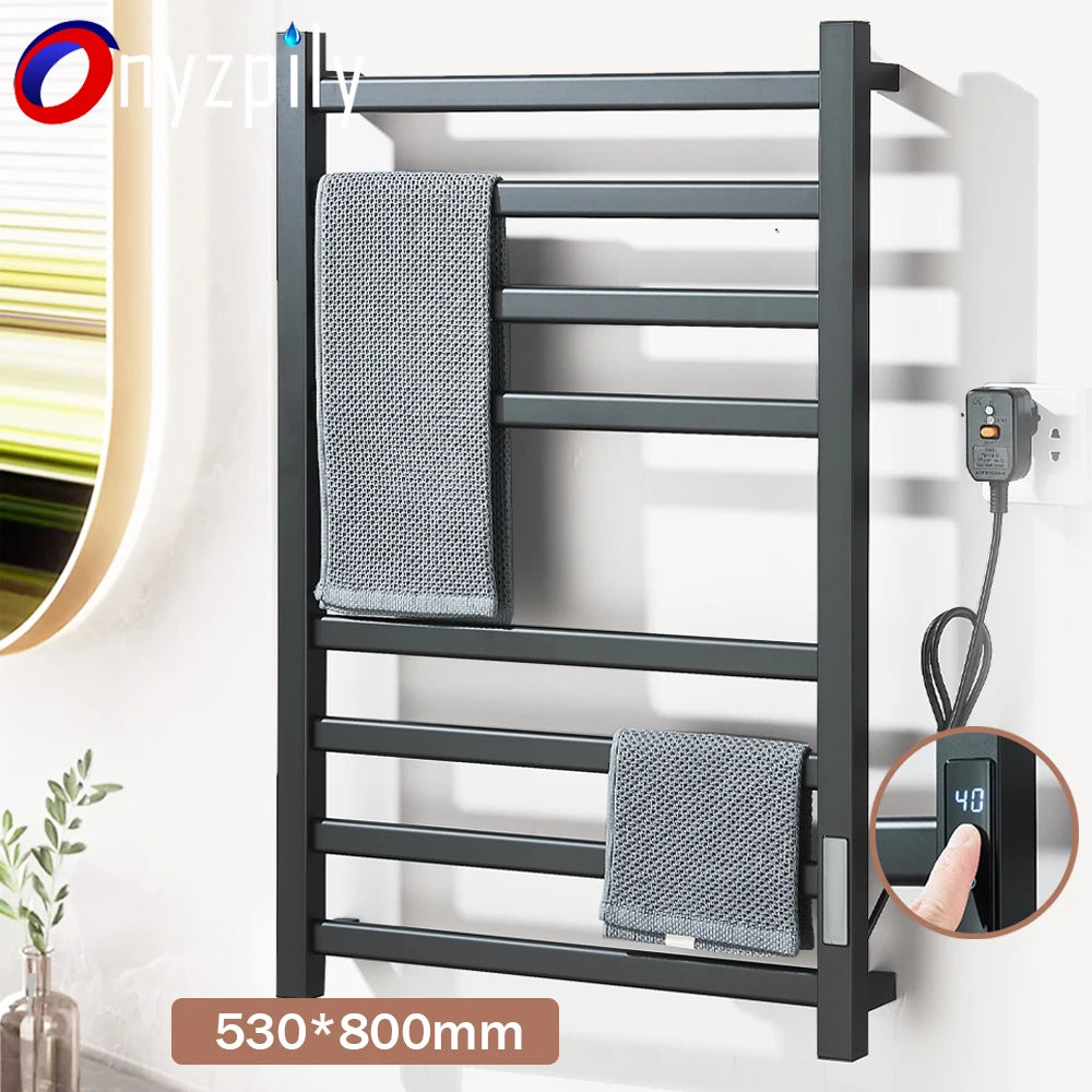 Black Bathroom Electric Heated Towel Rack with Digital Display Touch Thermostatic Dry Towel 304 Stainless Steel Heater