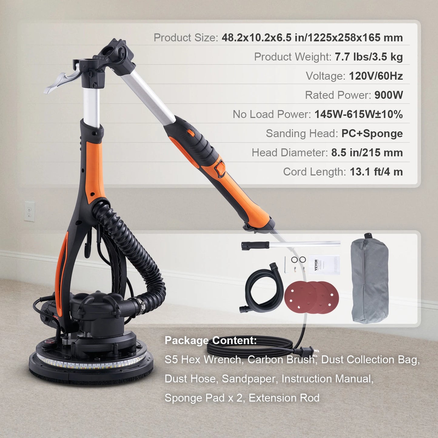 SucceBuy 900W Drywall Sander Brush Motor Electric Adjustable Variable Speed with Self-Suction Handle Wall Grinder Sander Machine
