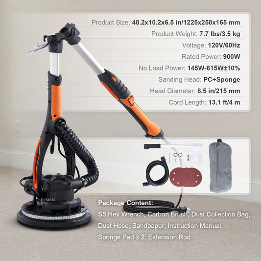 SucceBuy 900W Drywall Sander Brush Motor Electric Adjustable Variable Speed with Self-Suction Handle Wall Grinder Sander Machine