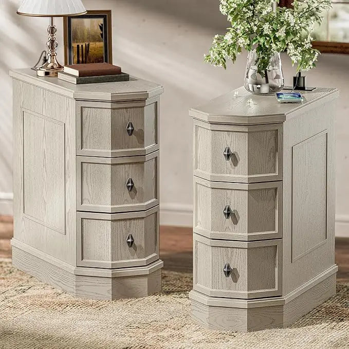 Nightstand Set of 2 with Charging Station, Vintage Wood End Table with 3 Drawer, Victoria Narrow Side Table, Slim Bedside Tables