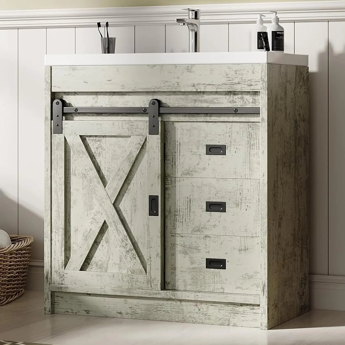 White Farmhouse Bathroom Vanity with Sink Small Vanity Cabinet Featuring 2 Drawers And Sliding Barn Door Customizable Design