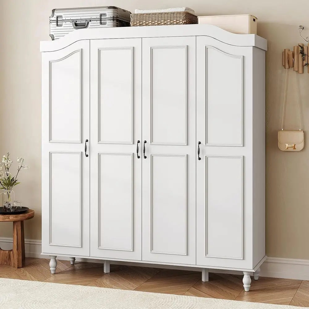 71 High Wooden Armoire Wardrobe with 4 Doors, 2 Hanging Rods, and 8 Shelves for Bedroom or Cloakroom, White