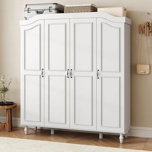 71 High Wooden Armoire Wardrobe with 4 Doors, 2 Hanging Rods, and 8 Shelves for Bedroom or Cloakroom, White
