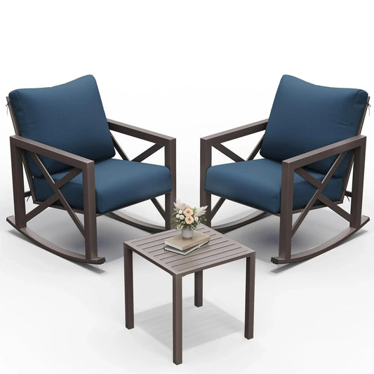 UDPATIO Rocking Chair Outdoor Set 2 with Coffee Table, 3 Piece Metal Rocking Bistro Set with 6.5" Water-Resistant Cushions