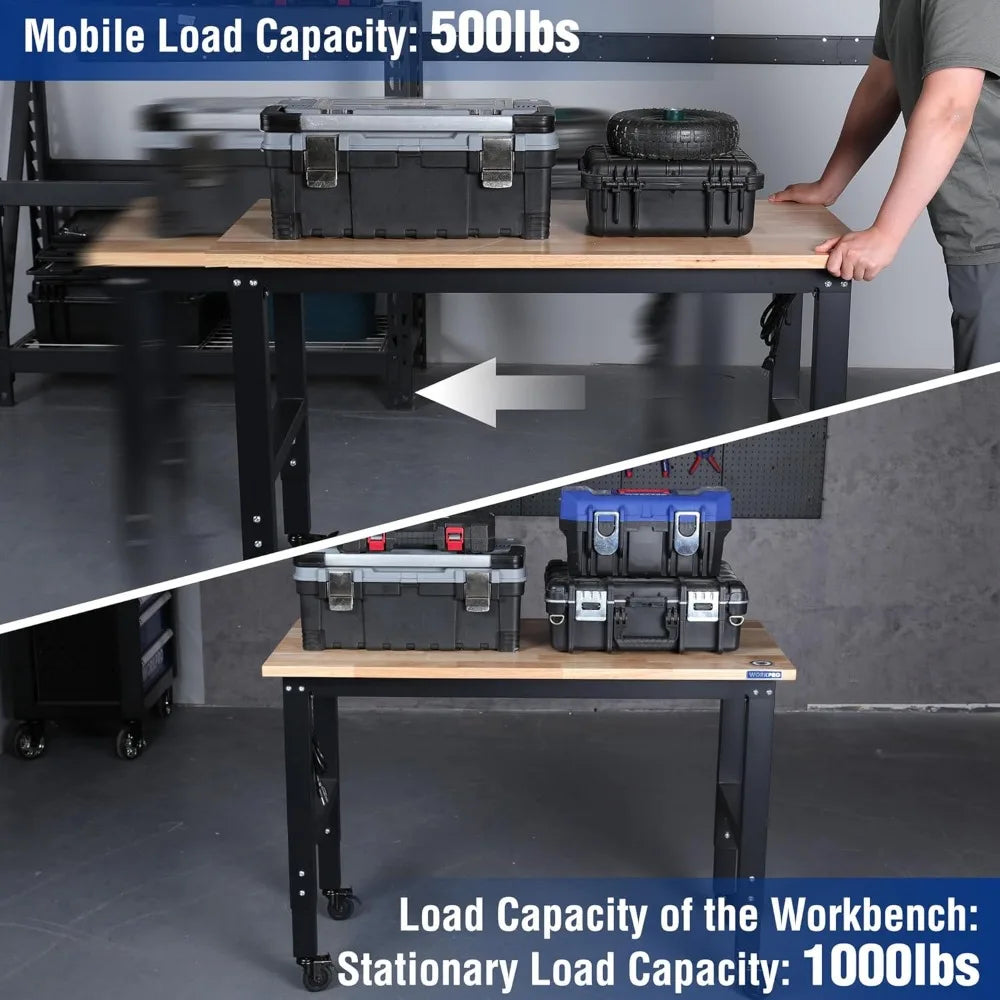 Garage Workbench, 48X22 Adjustable Workbench with Wheels and Leveling Foot, Rubber Wood Top Work Desk with Power Outlets