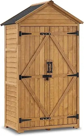 Outdoor Storage Cabinet with 2 Shelves, Outside Storage Shed with Floor, Wooden Garden Tool Shed with Latch for Yard Deck Lawn