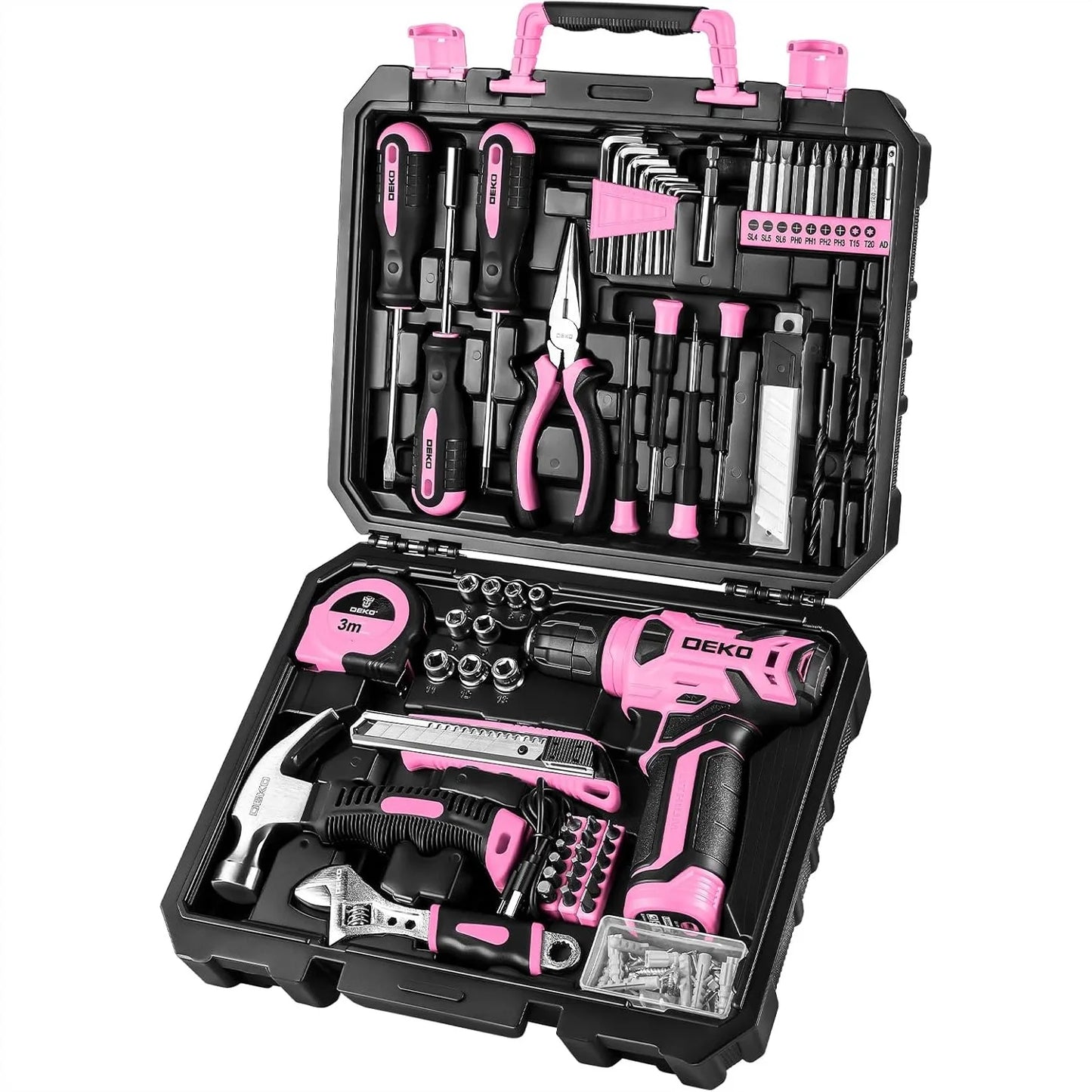8V Pink Cordless Drill Set, 126-Piece Home Tool Kit for Women, with LED Light and Rechargeable Battery