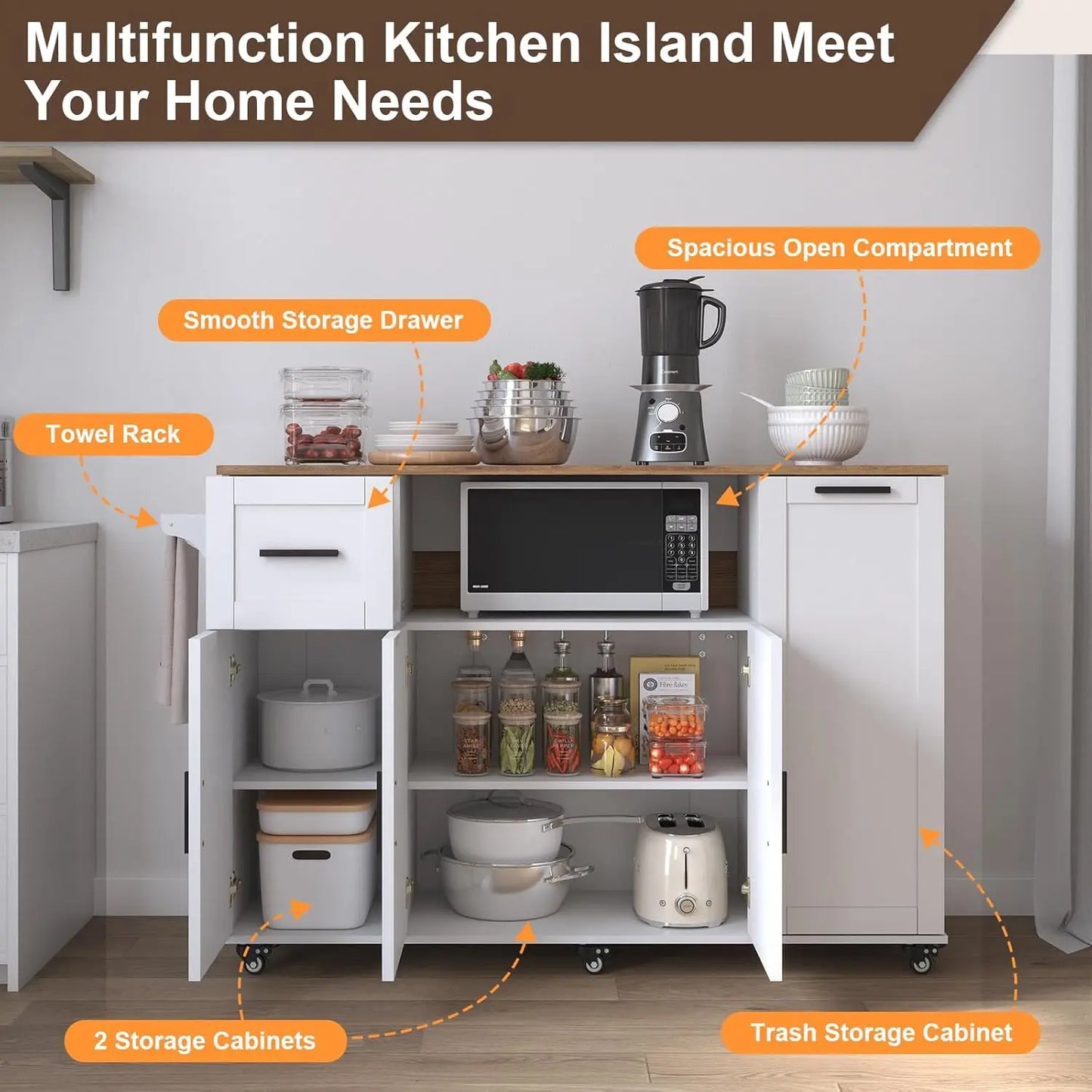 59inch Kitchen Storage Island with Drop Leaf,Rolling Mobile Island Cart on Wheels with Cabinets,Trash Bin Storage and Drawer,Ext