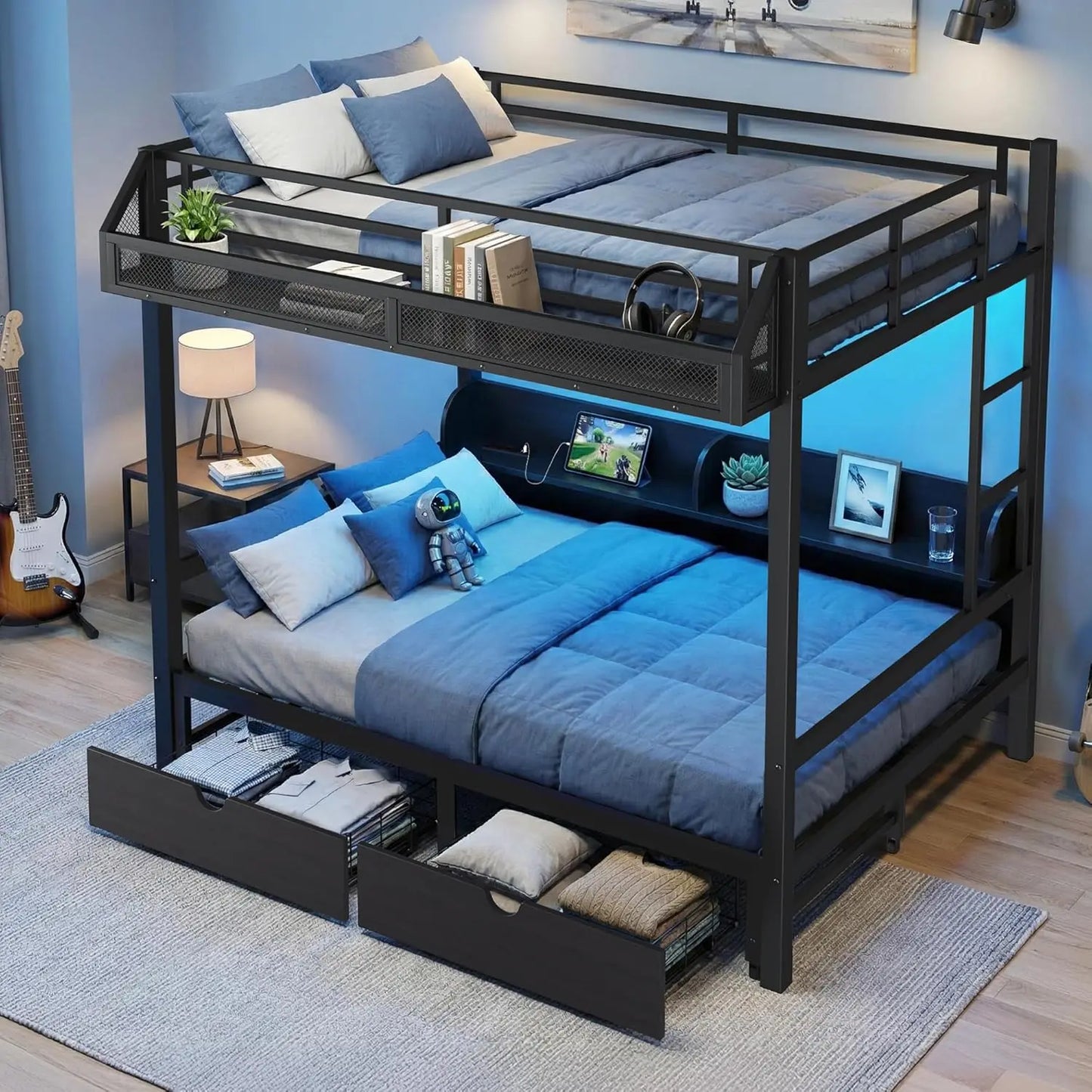 Queen Over Queen Bunk Bed Storage Drawers Guardrail Basket Charging Station LED Loft Teens Dorm Noise-Free Customized