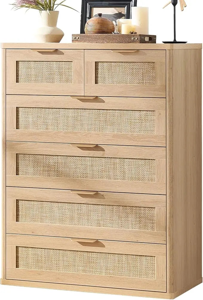 Rattan Dresser for Bedroom, 41" Tall Chest of Drawers, Modern 6 Drawers Boho Dressers with Storage, Light Oak Dresser,Customized