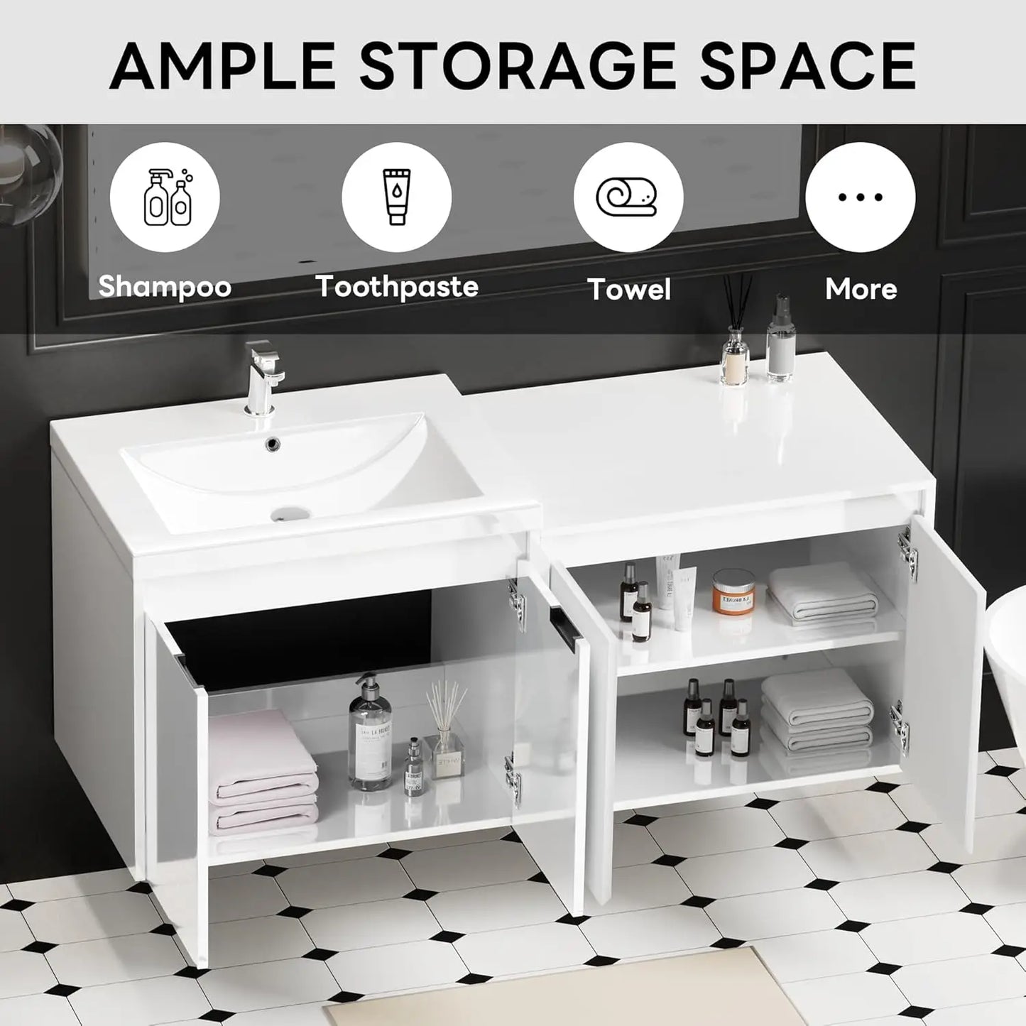 48" Wall Mounted Bathroom Vanity Resin Sink Soft Close Storage Cabinet Modern Glossy White, Customized