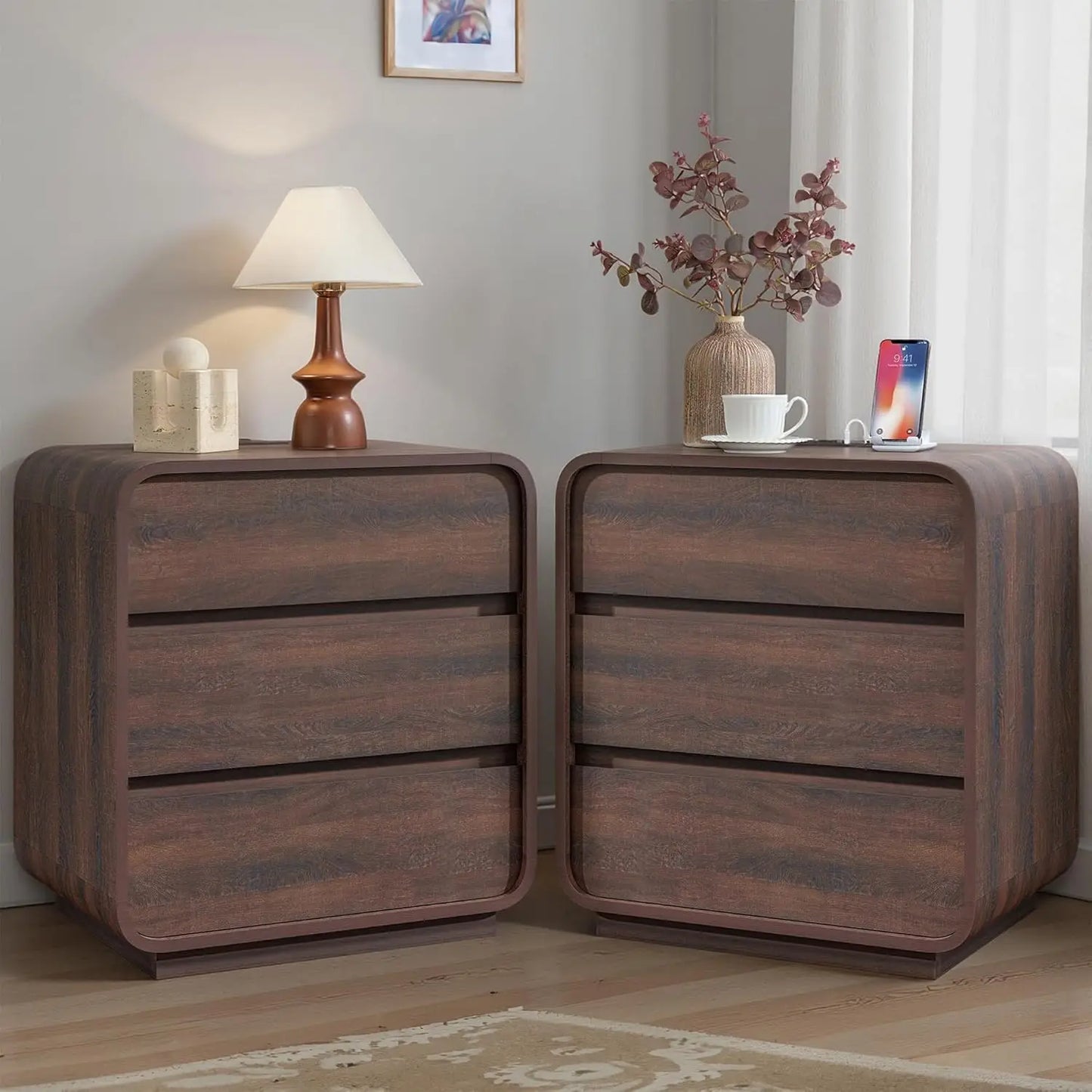 Walnut Curved Nightstand Set of 2, 23.2" Wide Wood Bedside Table with Charging Station, 3 Storage Drawers Night, Customized