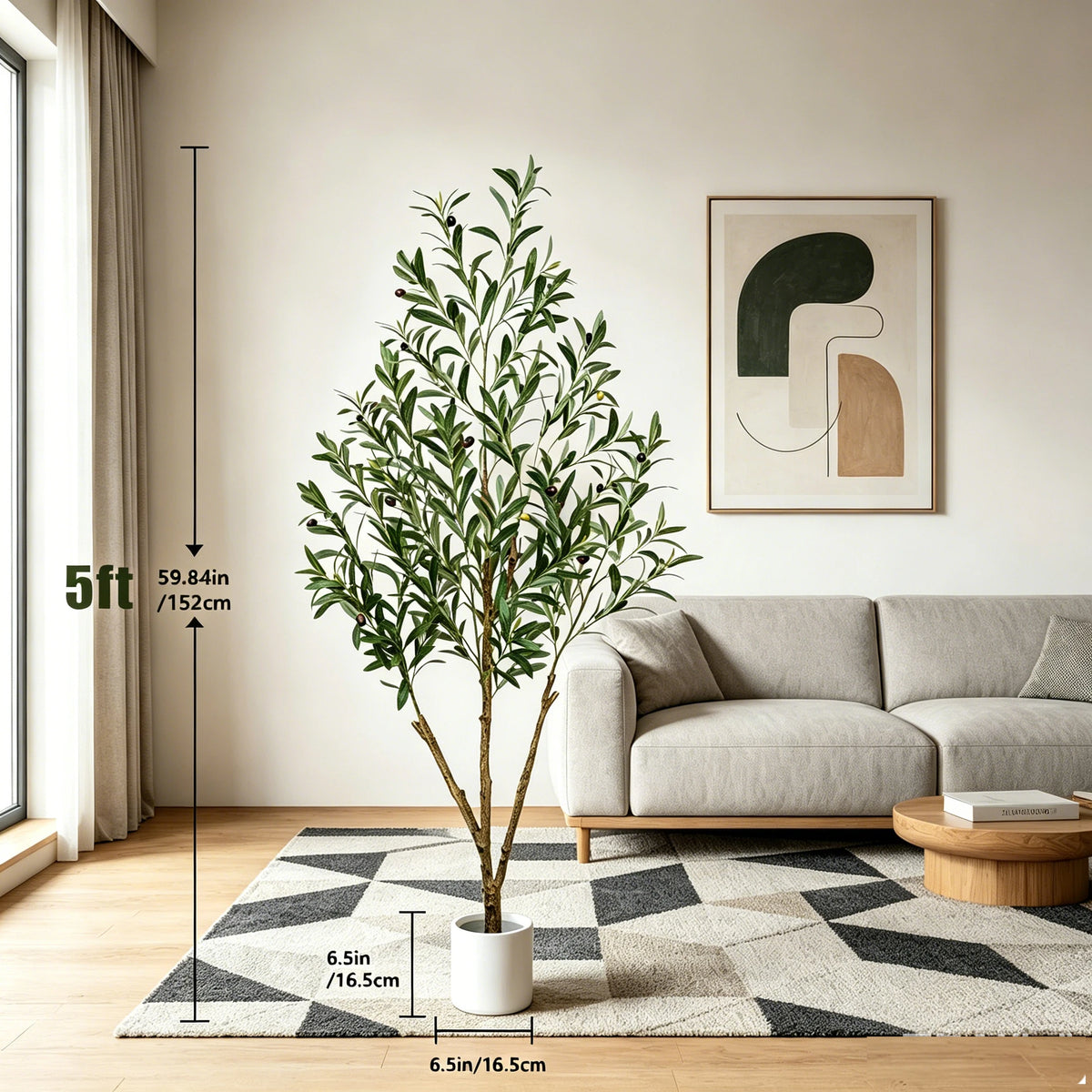 5/6/7ft Olive Trees Artificial Indoor Outdoor Faux Olive Tree with White Tall Planter, Artificial Plants with Natural Wood Trunk and Lifelike Fruits for Home Office Decor
