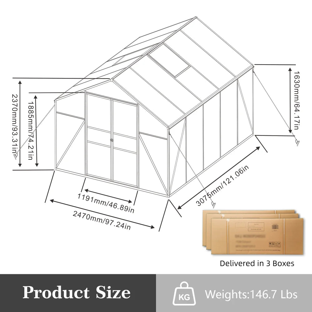 8x10 FT Polycarbonate Greenhouse Walk In Plant Houses With Adjustable Windows Sheds For Outdoor Gardening All Weather Protection
