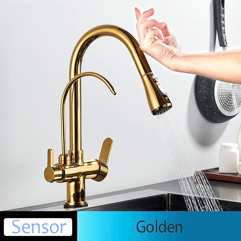 Onyzpily Black Touch/NO Sensor Kitchen Faucet Pull Out Sink Faucets Hot Cold Mixer Pure Water Tap Deck Mounted Taps Dual Handle