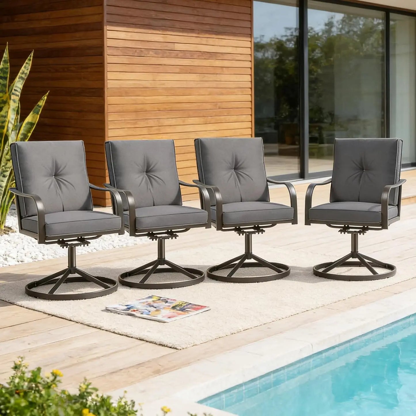 Patio Swivel Dining Chairs Set 4 Wicker Metal Cushioned Gentle Rocker Outdoor Backyard Lawn Garden Deck Porch, Custom