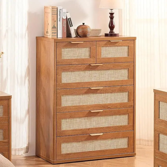 Rattan Dresser for Bedroom, 41" Tall Chest of Drawers, Modern 6 Drawers Boho Dressers with Storage, Light Oak Dresser,Customized