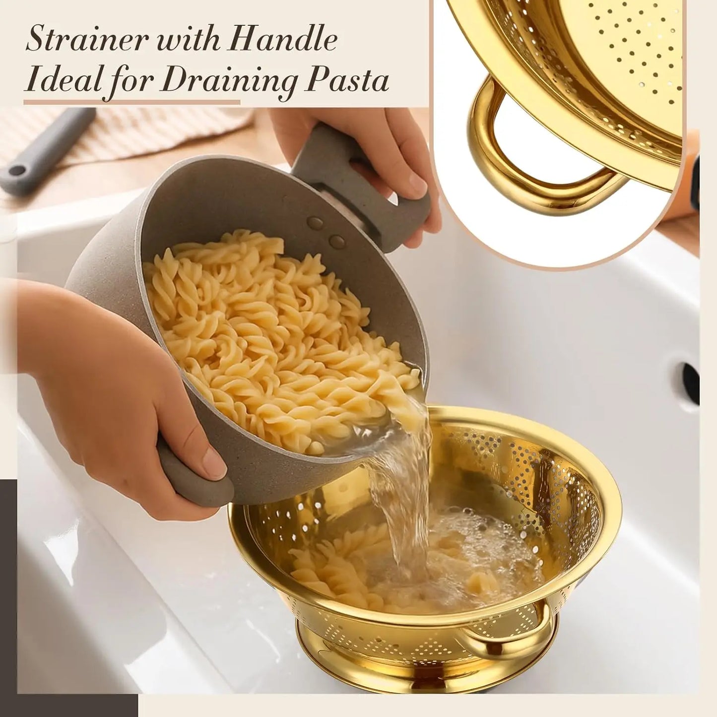 4 Pcs Gold Kitchen Accessories Includes Stainless Steel Colander and 3 Pcs Gold Fine Mesh Strainer Essential Kitchen Col