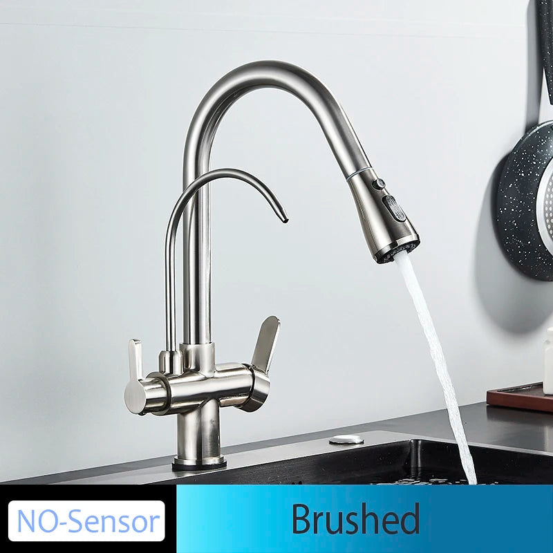 Onyzpily Black Touch/NO Sensor Kitchen Faucet Pull Out Sink Faucets Hot Cold Mixer Pure Water Tap Deck Mounted Taps Dual Handle