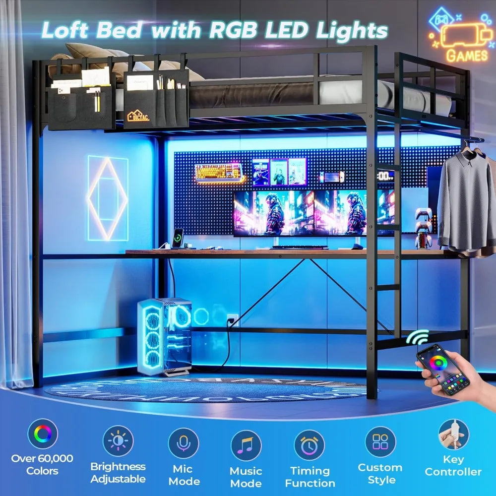 Full Size Loft Bed with Desk, LED Lights & Charging Station - Space Saving Black Metal Frame for Teens/Adults