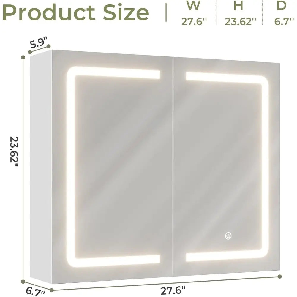 Illuminated Double Door Wall-Mounted Medicine Cabinet with Adjustable Shelves, 27.6x23.62 inches, White