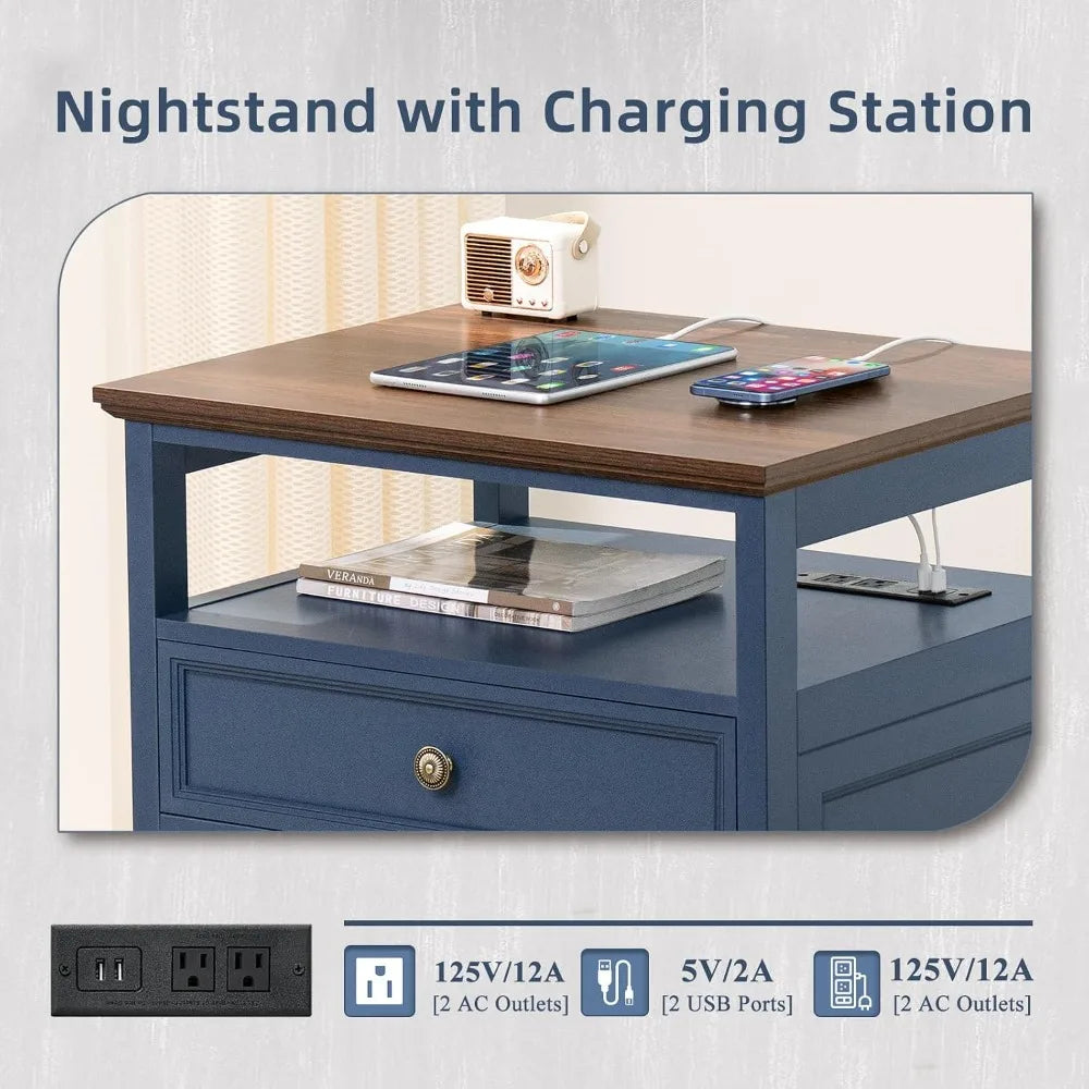 24" Wide Farmhouse Wood Nightstand Charging Station 2 Drawers Bedroom End Table, Custom