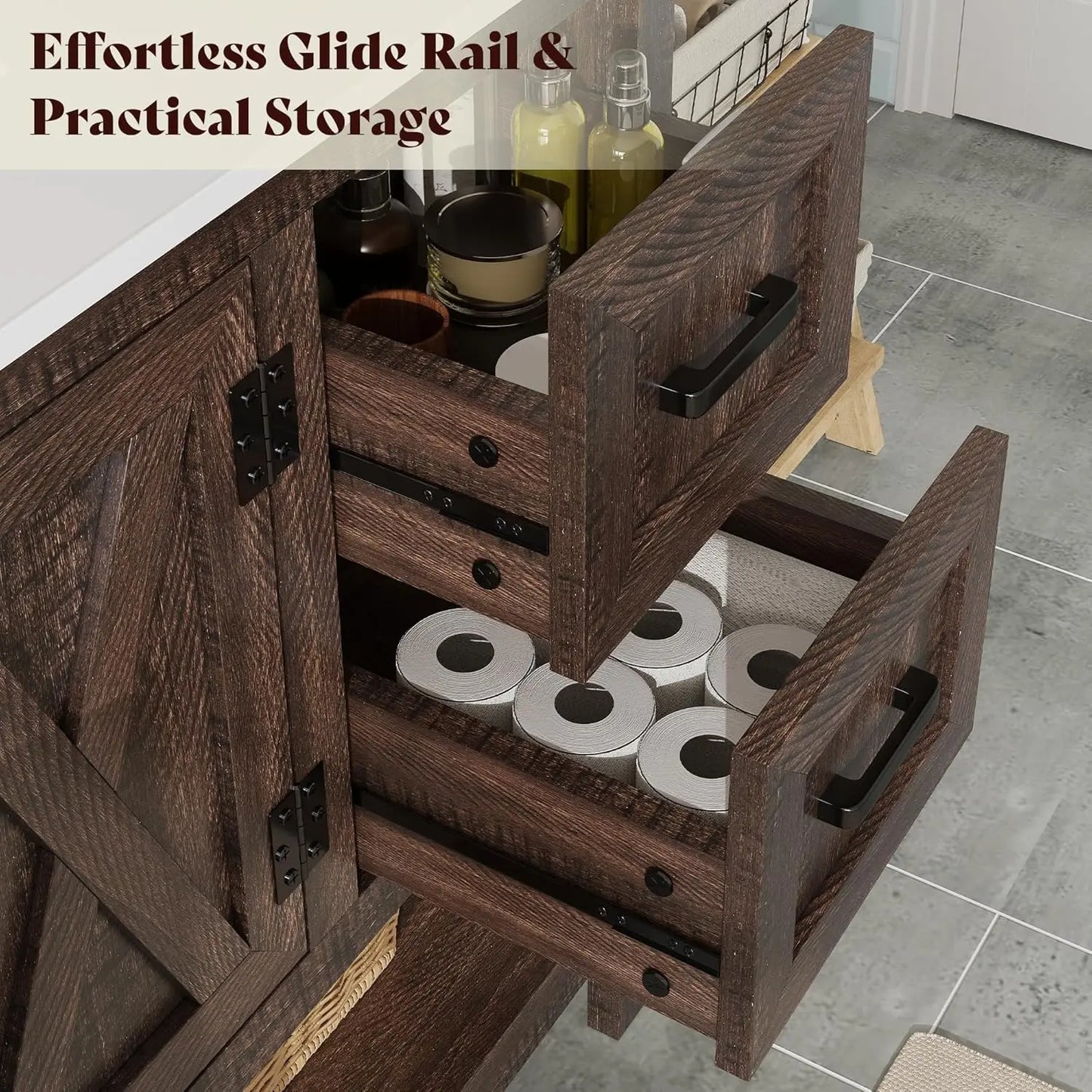 48” Farmhouse Bathroom Vanity with Sink, Freestanding Cabinet with 4 Drawers, Double Barn Doors & Open Shelf, Rustic Storage