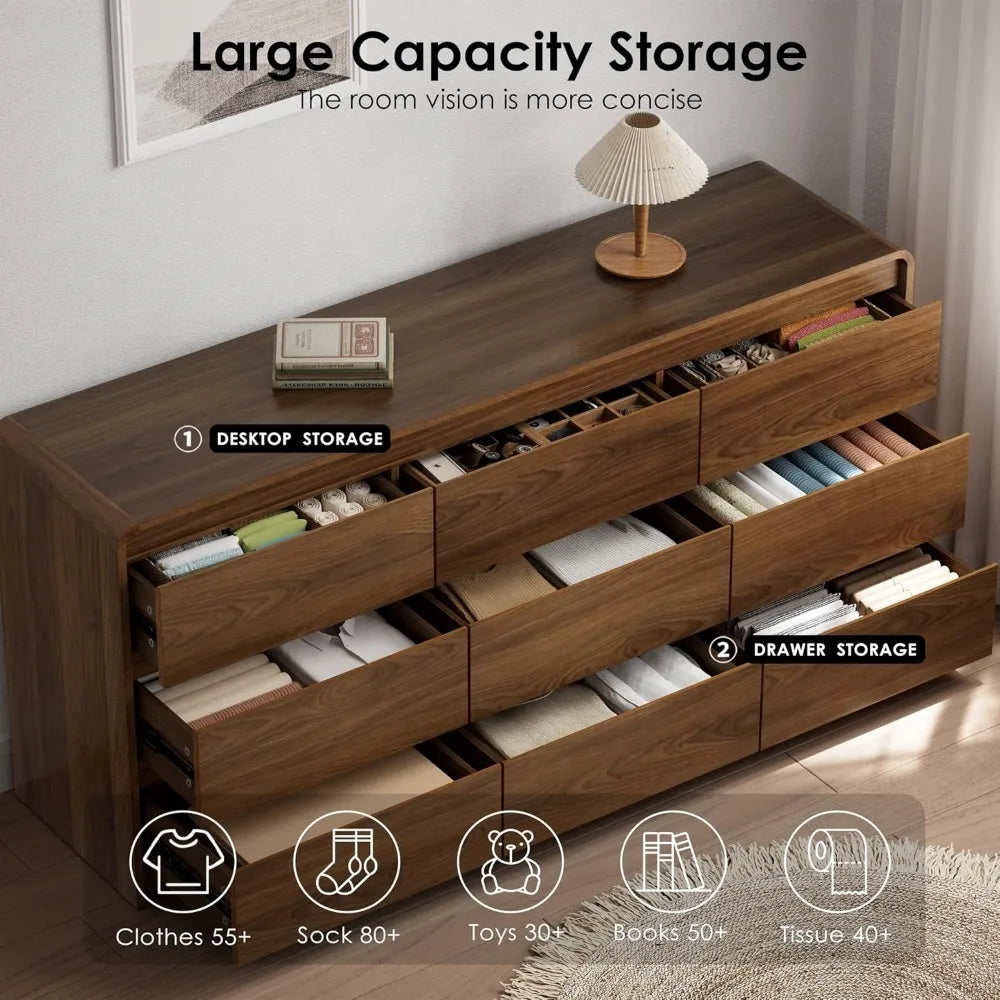 9 Drawer Dresser 63" Wide Curved Anti-Collision Anti-Tipping Mid Century Modern Wood Bedroom Living Room TV Stand, Custom
