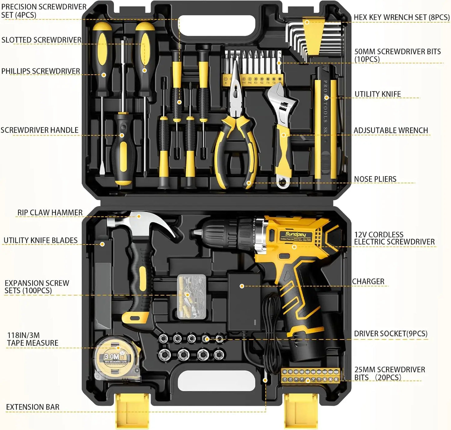 166-Piece Home Tool Kit with 12V Cordless Drill, General Household Repair Set with Battery & Charger in Portable Case