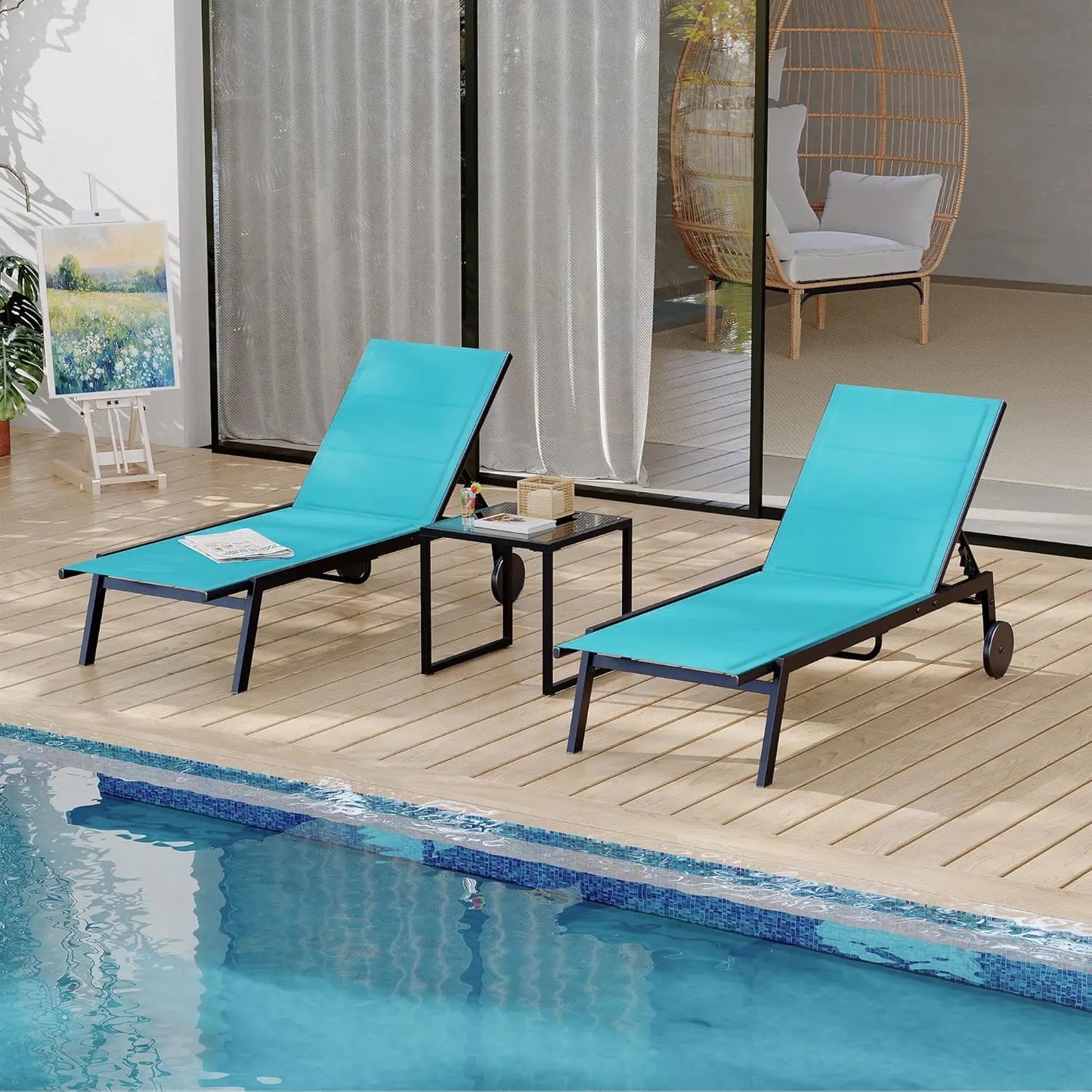 3 Pieces Patio Chaise Chairs Set, Pool Loungers with Side Table, outdoor Chaise Lounges Chair with Wheels, Adjustable Position