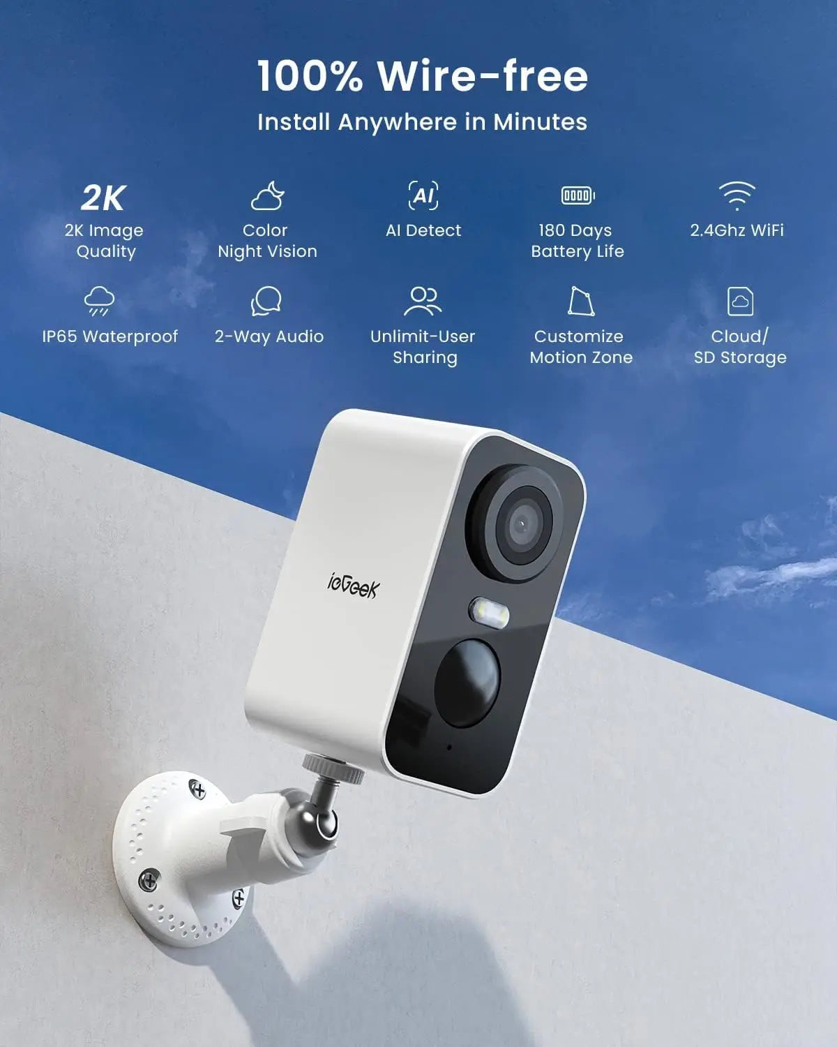 Wireless Outdoor Security Camera, 2K Battery-Powered with Spotlight, Siren, AI Detection, Color Night Vision for Home Safety