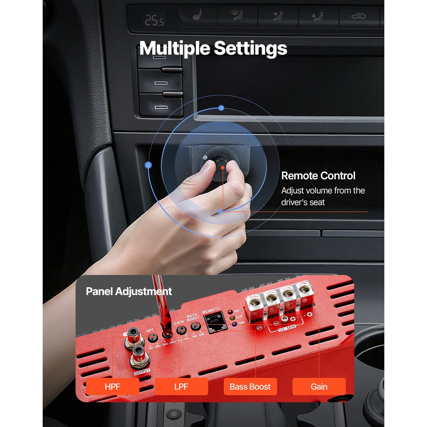 SucceBuy Monoblock Car Amplifier Stable 1Channel Class D Car Audio Amplifier with Remote Subwoofer Level Control Low Pass Filter