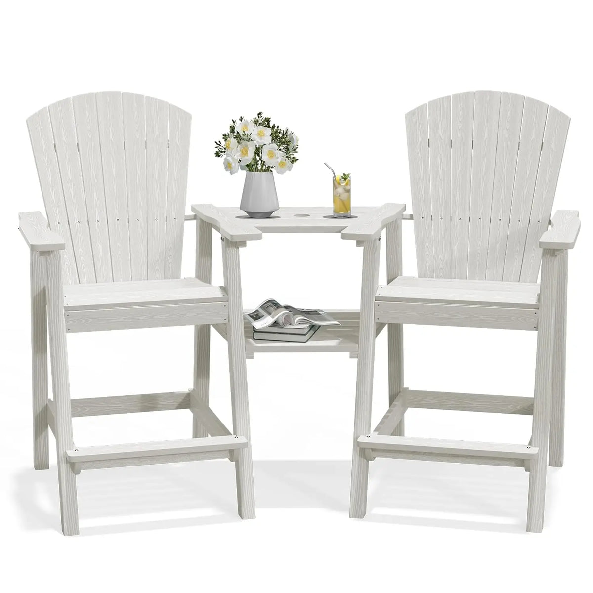 Tall Adirondack Chair Set HDPE All Weather Bar Height Double Connecting Tray Umbrella Hole Balcony Patio Backyard Navy, Custom