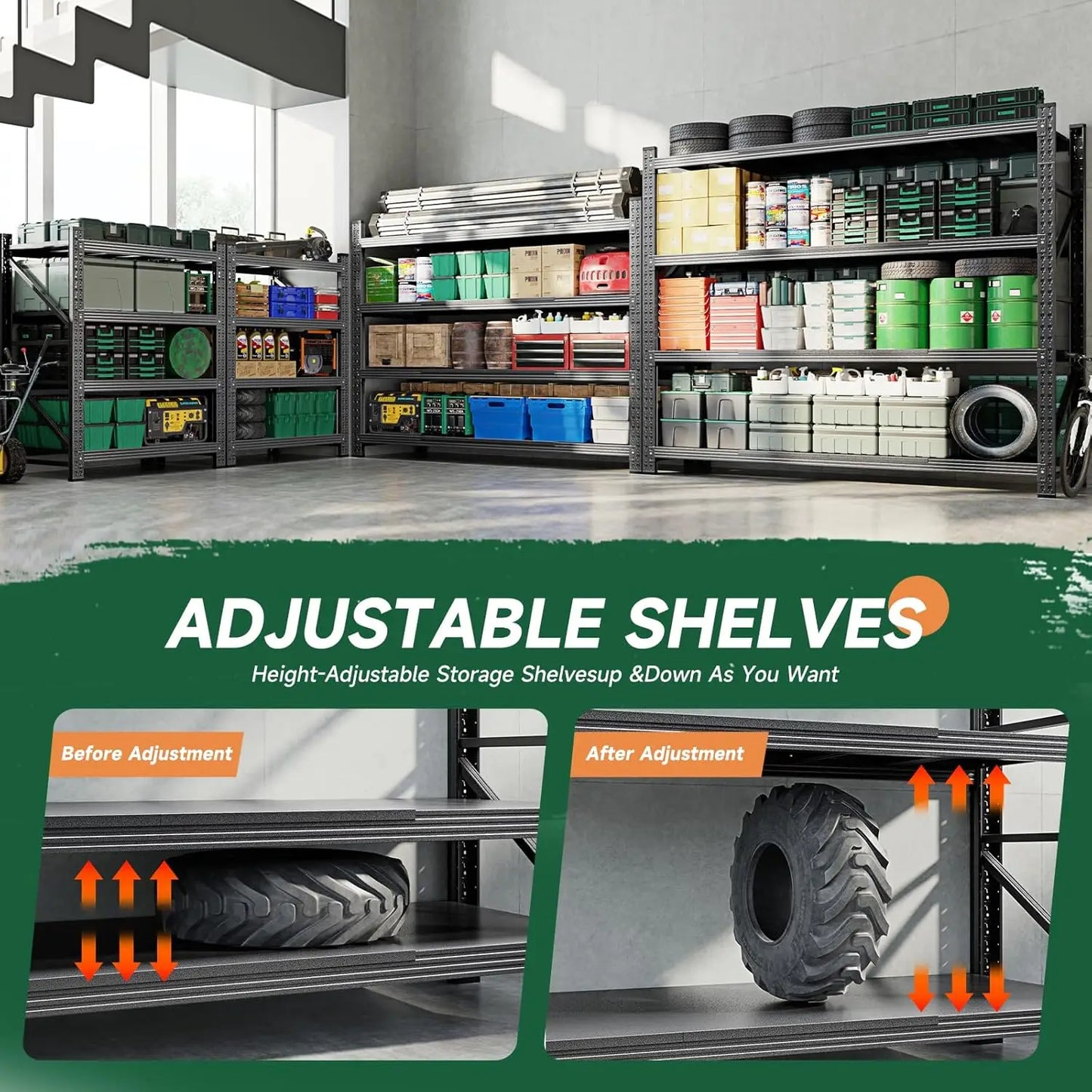 71.3" W Metal Storage Shelves,5000LBS Duty Garage Shelving Units, 4 Tier Adjustable Utility Rack Shelf(71.3" W x 24" D x 70" H)
