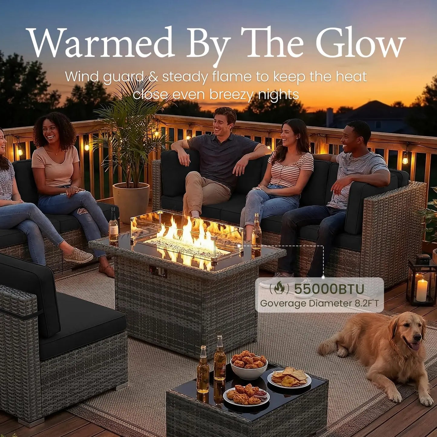 8 Piece Patio Furniture Set with Fire Pit Table, Outdoor Conversation Sets Wicker Rattan Sectional Sofa with Coffee, Custom