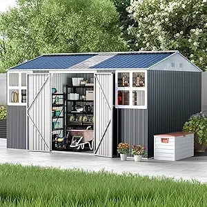 12x10 FT Metal Sheds & Outdoor Storage: Heavy Duty Garden Sheds with Dual Transparent Panels, 2x4-Pane Windows & Hinged Double D