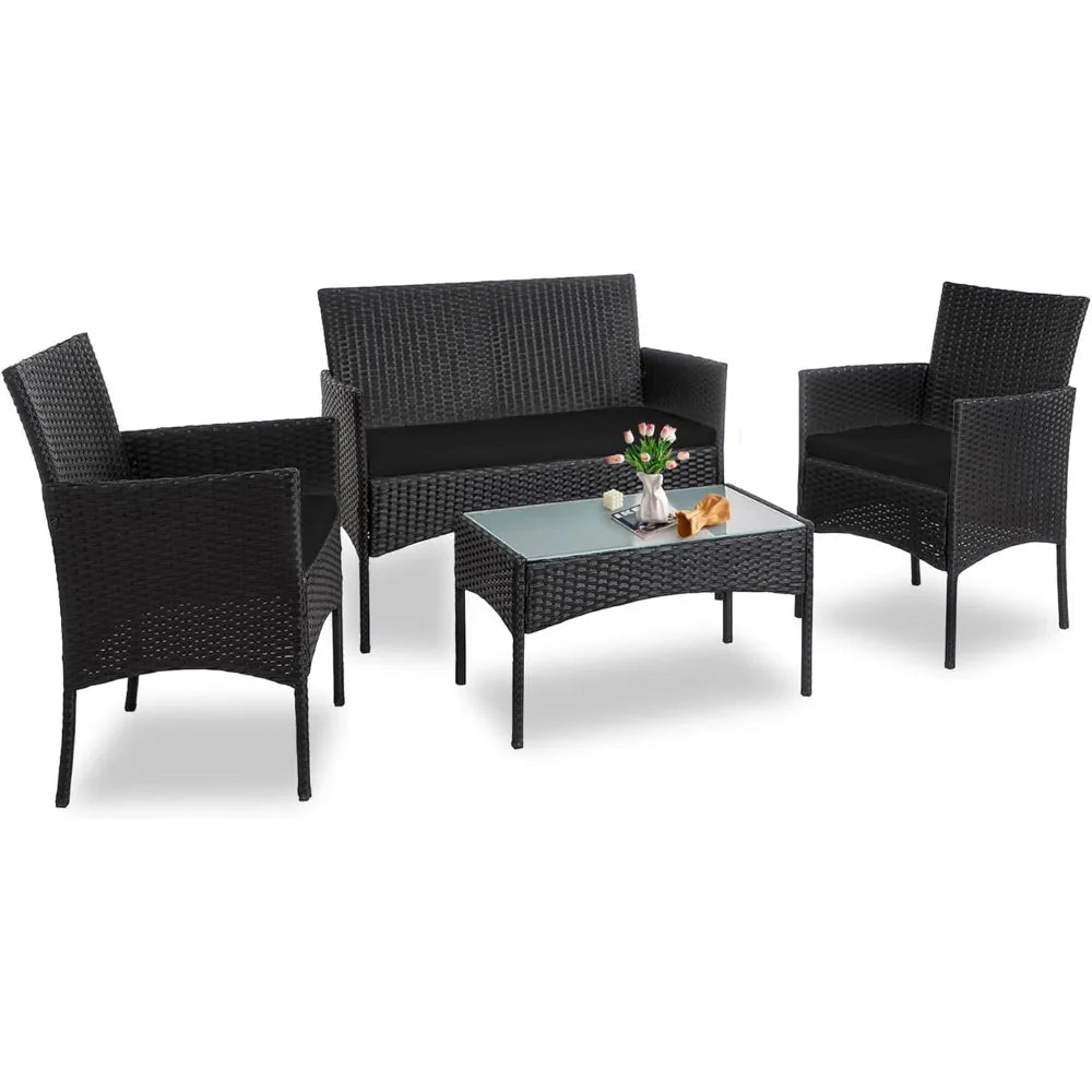 4 Piece Outdoor Wicker Patio Conversation Furniture Set, Rattan Chair Wicker Sofa Garden Conversation Sets with Cushion and Gla