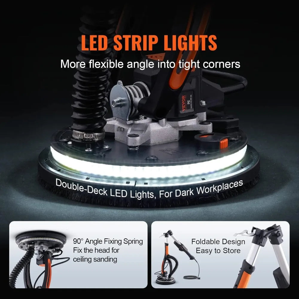 Electric Drywall Sander, 800W Brushless Motor, Variable Speed 1000-2300 RPM, Foldable with LED Lights and Extendable Handle