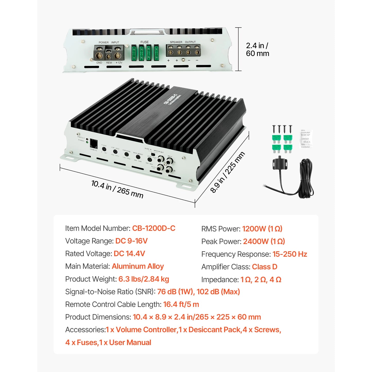 SucceBuy Monoblock Car Amplifier Stable 1Channel Class D Car Audio Amplifier with Remote Subwoofer Level Control Low Pass Filter