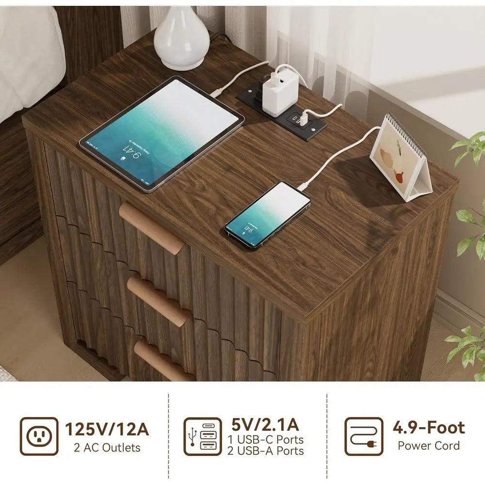 2-Piece Walnut Nightstand Set with Charging Station, 3 Drawers for Bedroom or Living Room